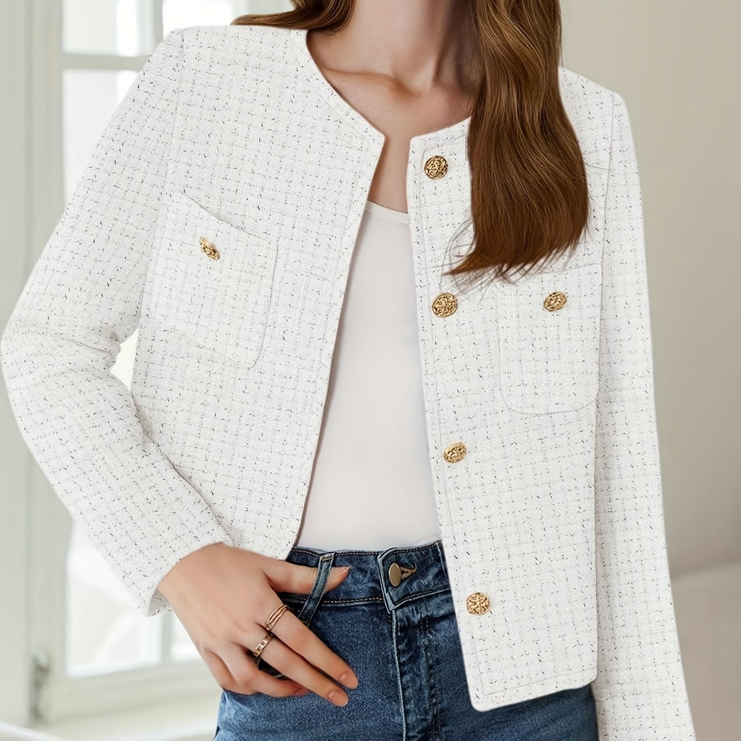 [Office Ready] Women's Elegant Purple Tweed Jacket - Long Sleeve Button Cropped Blazer with Pockets, Soft Polyester Fabric, Perfect for Fall/Winter Business Casual Style, Business Casual Wear | Buttonup Jacket | Textured Twee