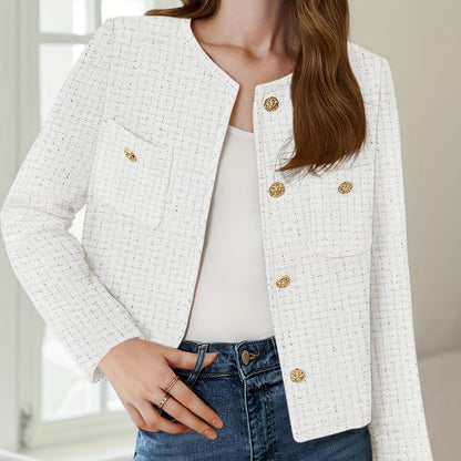 [Office Ready] Women's Elegant Purple Tweed Jacket - Long Sleeve Button Cropped Blazer with Pockets, Soft Polyester Fabric, Perfect for Fall/Winter Business Casual Style, Business Casual Wear | Buttonup Jacket | Textured Twee