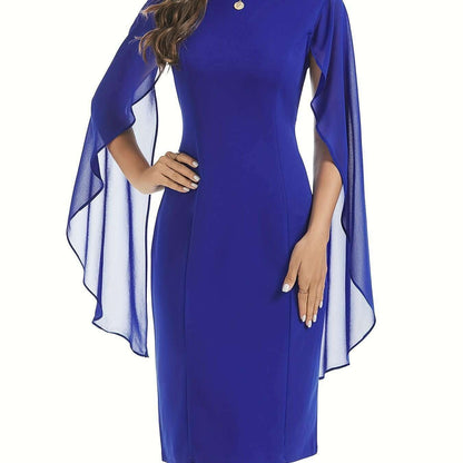 Elegant Midi Bodycon Dress with Cape Sleeves and Slit Hem - D&M Boutique