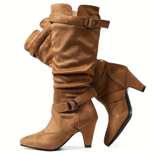 Women's Brown Retro Mid-Calf Boots - Thick High Heels, Pointed Toe, Buckle Straps, Stylish Pull-On for Party or Office, Suedelike