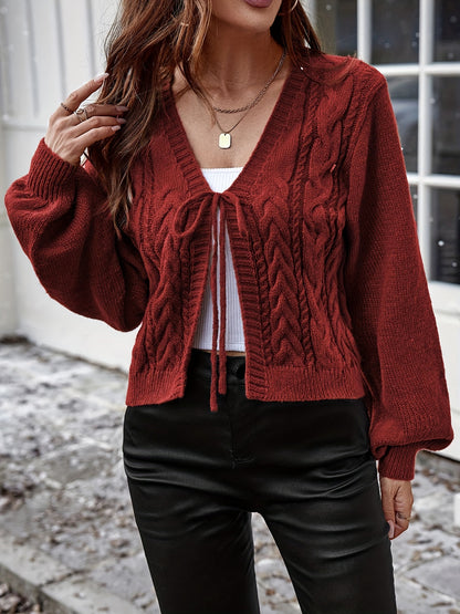 Long Sleeve Solid Color Polyester Cardigan - Elegant Casual Knit Sweater with V-Neck, Tassel Detail, and Drawstring for All Seasons