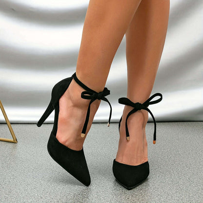 Chic Black Velvet Stiletto Heels for Women - Sexy Pointed Toe with Cross Strap, Versatile High Heel Pumps for All Seasons, Low Heel Dress Shoes