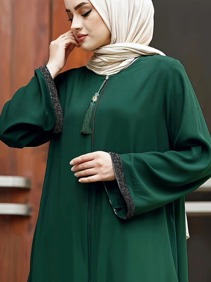 [Elegant Long Tassel Robe] Polyester Elegant Long Tassel Robe - Rhinestone Detail, Zip Closure, Machine Washable, Solid Color, Middle Eastern Style