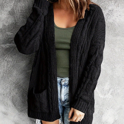 Women'S Elegant Cable Cardigan - Open Front Sweater with Side Pockets, Soft Sweater for Fall/Winter, Office, Party, Everyday Outfits - Women'S Sweater, Ladies Sweaters, Fall Wardrobe, Classic Knitwear, Cozy Material, Versatil