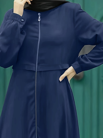 Elegant Zippered Long Robe 8033-1 for Women, 100% Polyester Solid Color, All-Season Long-Length Dress with Zipper Detail, Woven Fabric, 130g/m² Weight