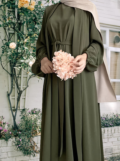 One set of sleeveless innerwear and outerwear combination in solid color, Elegant Casual polyester (polyester CEY breathable fabric) Muslim abaya for spring/summer/fall, does not include headscarf!