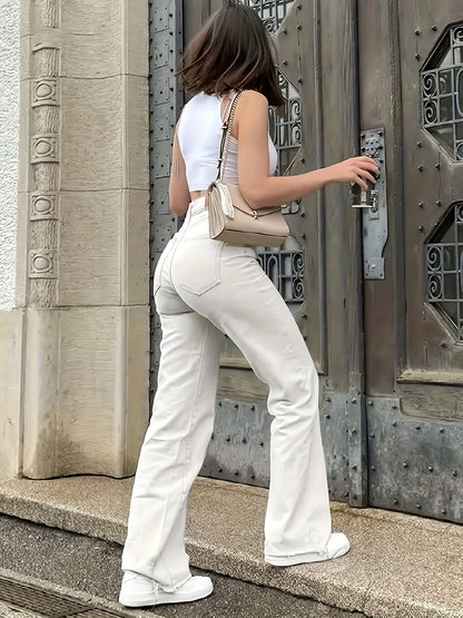 Women'S High-Waisted Straight-Leg Jeans - Stretch Denim with Pockets, Beige, Casual & Workplace Style, Mid-Rise, Flared Design, Perfect for Spring Commuting, High Waisted Jeans