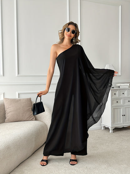 PORRCEY Sexy Single Shoulder Ruffled Sleeveless Solid Color Patchwork Elastic Jumpsuit