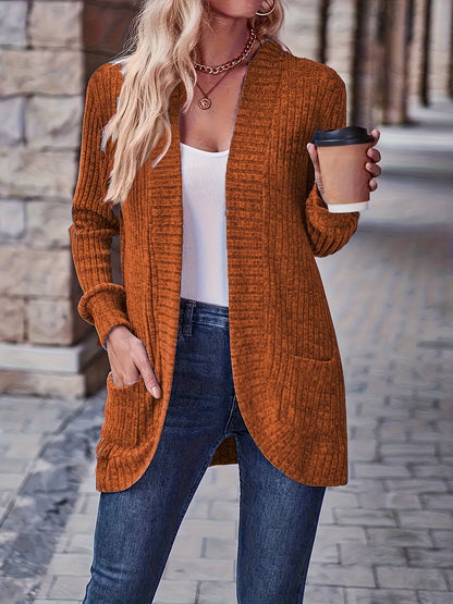 [Elegant Women's Blouse] Elegant & Chic Women's Loose Fit Long Sleeve Blouse | Open Collar Casual Top with Side Pockets, Machine Washable, Mustard-Yellow, Non-Transparent, All-Season, Medium Elasticity, Versatile, Quality Sti