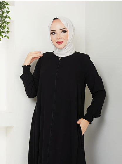 Women's Elegant Islamic Abaya Robe - Muslim Dress with Zipper Closure, Non-Stretchy Full Coverage Islamic Clothing for Everyday & Special Occasions - Modest Muslim Gown (Black) - Model 8322