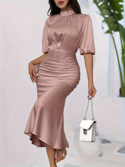 Women's Elegant High-Neck Solid Color Dress - Polyester Fitted Top & Flowy Skirt, All-Season Machine Washable Dress for Casual to Formal Occasions, Cute Dresses, Versatile Clothing, Comfortable Wear, Durable Fabric, Office At