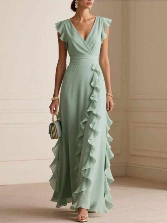 Women'S Elegant V-Neck Formal & Casual Dress - Flattering Fit Long Evening Gown, All-Season Party, Wedding, Office, Beach Outfit - Chic Formal Attire for Women, Dresses for Wedding Guest, Office Wear, Flowy Fabric, Comfortabl