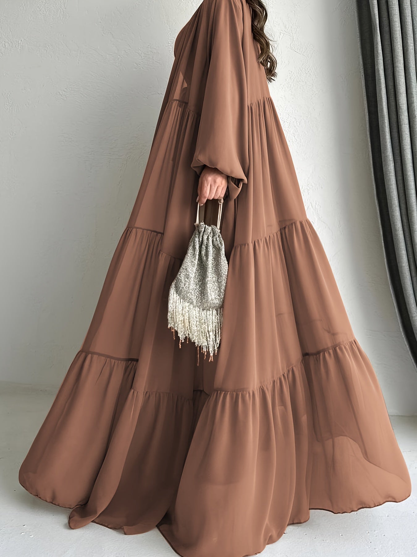 [Brown Abaya Dress] Modest Brown Abaya Dress with Cape Cover | Adjustable Waist Tie Belt, Machine Washable, Breathable Material, Hijabi Style, Casual Attire, Lightweight Fabric, All-Season Wear, Versatile Layering Piece, Flow