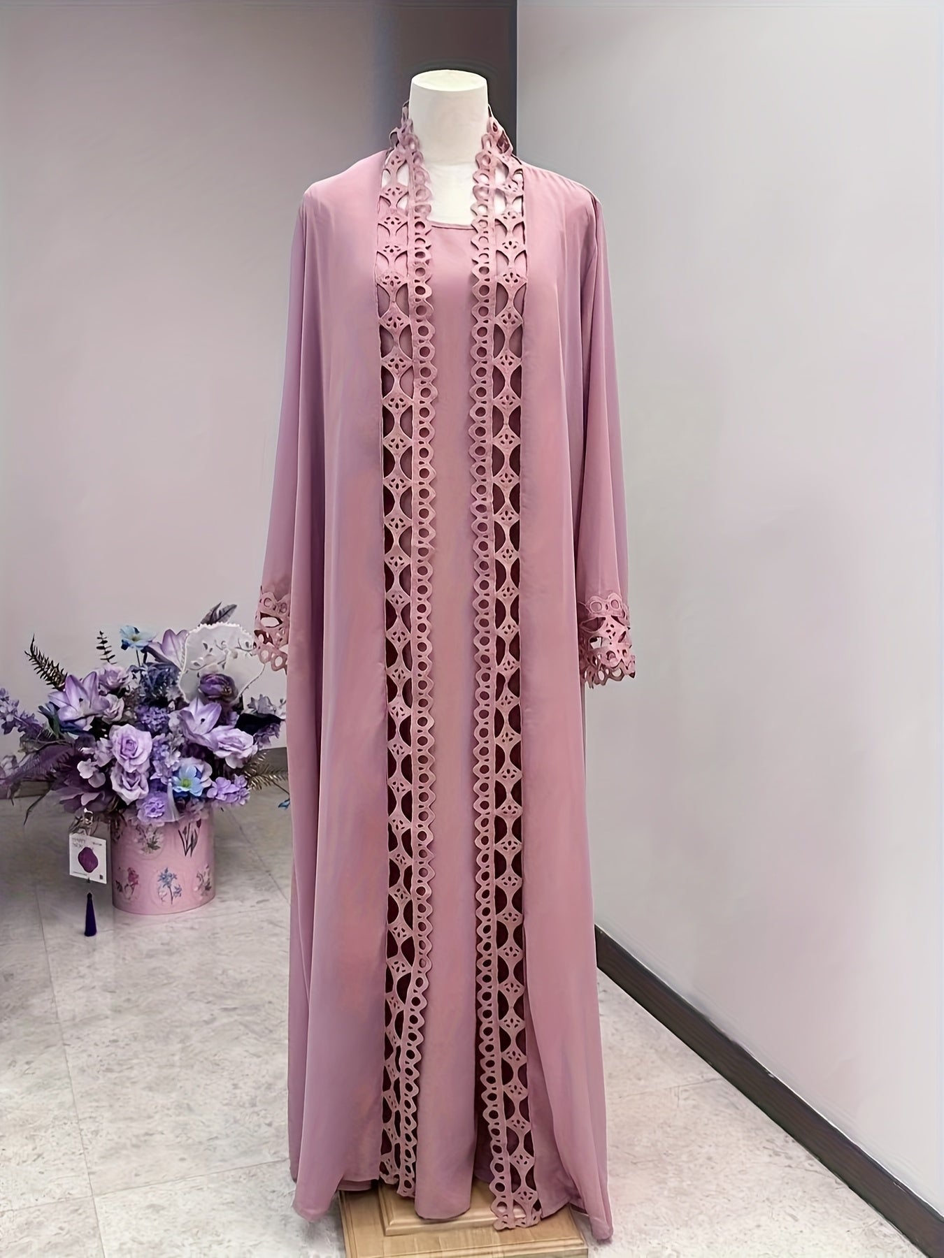 Middle Eastern Muslim Fashion Long Sleeve Embroidered Contrast Lace Patchwork Abaya Dress and Hijab Three-Piece Set