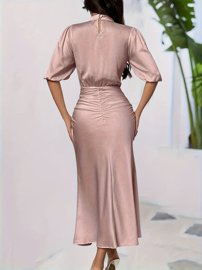 Women's Elegant High-Neck Solid Color Dress - Polyester Fitted Top & Flowy Skirt, All-Season Machine Washable Dress for Casual to Formal Occasions, Cute Dresses, Versatile Clothing, Comfortable Wear, Durable Fabric, Office At