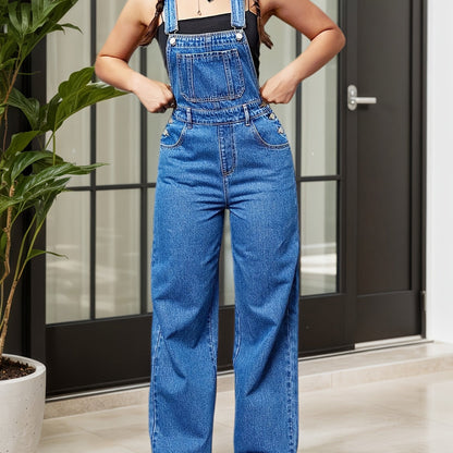 Women's Denim Overalls Jumpsuit - Loose Fit Long Romper with Pocket & Side Pockets, Adjustable Shoulder Straps & Belt Loop Waist, Sleeveless Solid Color Casual Chic Outfit for All Seasons, Versatile Clothing, Secure Button Cl