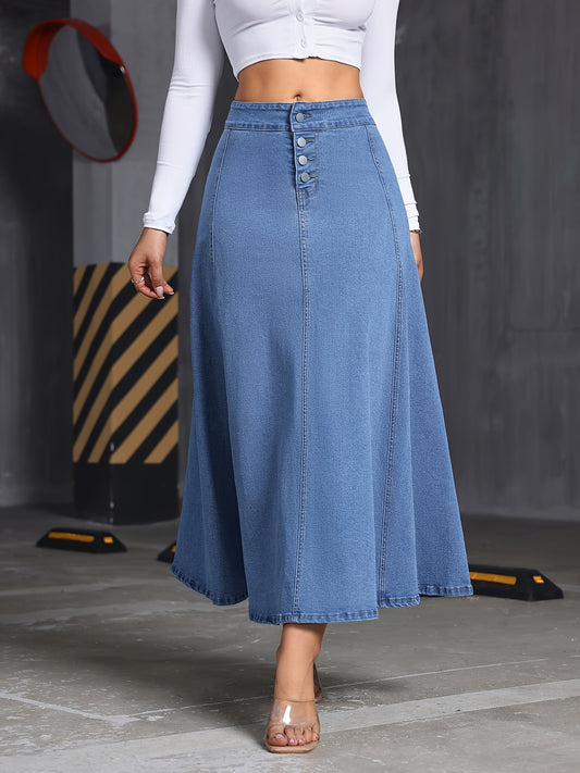 Women's Stretch Denim Midi Swing Dress with Elastic Front Buckle Closure - Streetwear Style Regular Fit Long Flowy Skirt, Machine Washable for Spring Summer Fall Casual Outfits, Seasonal Fashion, Elegant Texture