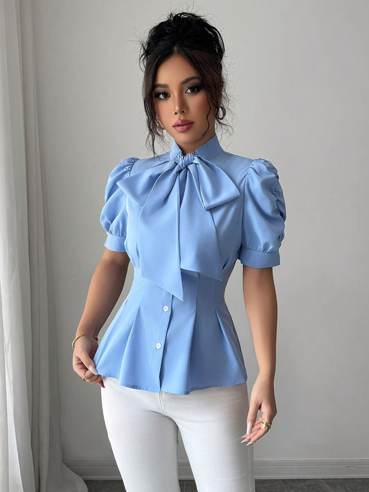 Women's Elegant Bowknot Waist Fold Blouse - Light Blue A-Line Smock Shirt with Puffed Sleeves, Structured Collar & Ruffled Trim, Machine Washable Solid Color Top for Spring Summer Fall Casual & Formal Outfits, Non-Stretch Fab