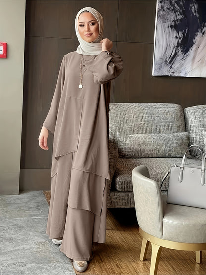 Muslim Women's Round Neck Abaya and Wide-Leg Pants Set, Middle Eastern Two-Piece Abayas with Round Neck