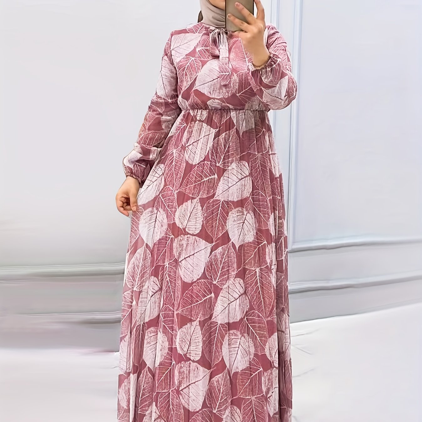 [Modest Wear Muslim Dress] Modest Wear Muslim Dress - Black & White Leaf Print Long Sleeves Polyester Blend - Pleated Waist Design, Machine Washable for All Seasons