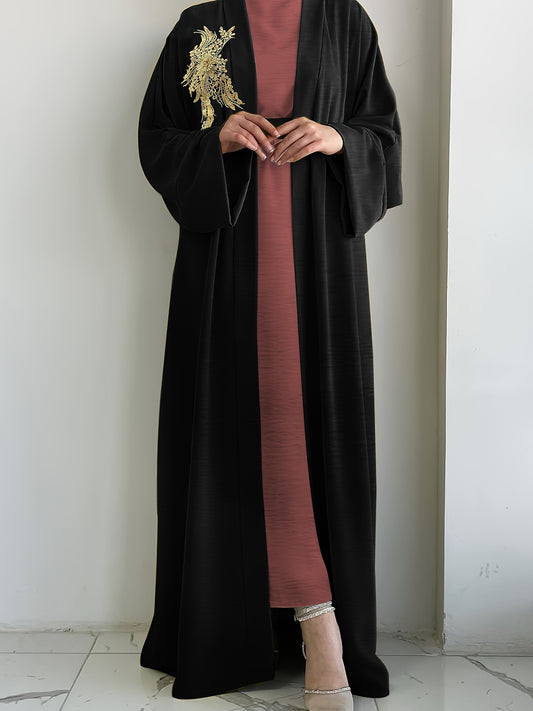 Women'S Casual And Comfortable Middle Eastern Muslim Style Simple Solid Color Sleeveless Long Dress + Simple Solid Color High-End Flower Middle Eastern Muslim Long Cardigan Jacket Two-Piece Set (Excluding Headscarf)