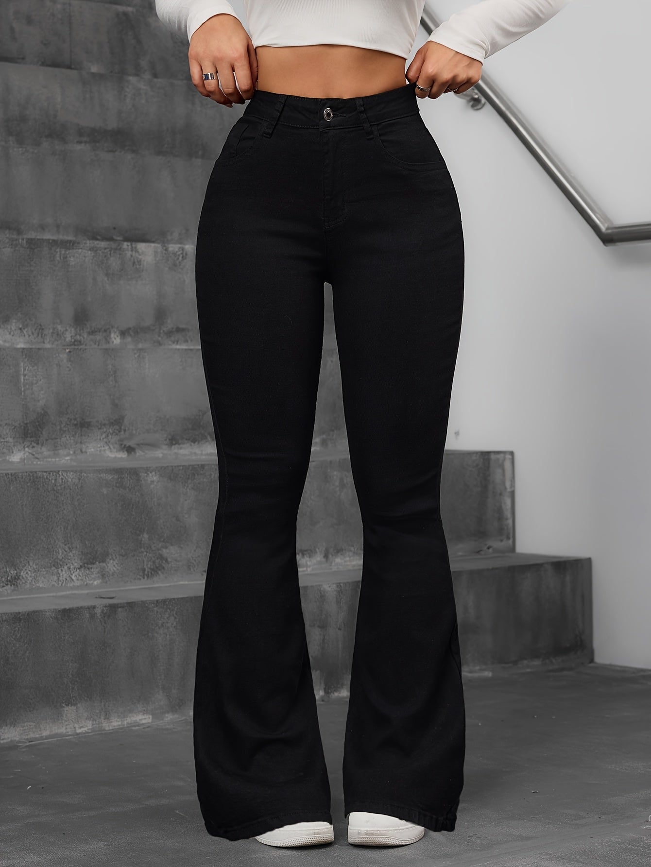 [High-Waist Stretch Denim Jeans] 1pc Women's High-Waist Stretch Denim Skinny Fit Flare Jeans - Preppy Style with Button Fly Closure, Washed Detail & Solid Color, All-Season Machine Washable Pants for Mature Occasions, Versati