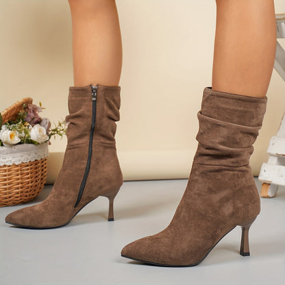 Women's Plus Size Chic Pointed Toe Boots - Slip-resistant Rubber Sole, Elegant Side Zipper Closure, Soft Fabric Lined Interior - Brown Formal & Everyday Boots for Women, Professional Footwear