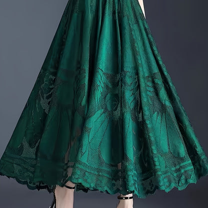 Elegant Women's A-Line Lace Skirt - Long Pleated Design with Intricate Floral Patterns, Lightweight Polyester, Ideal for Spring/Summer/Fall Events, Spring Summer Fashion|Aline Skirt|Polyester Fabric
