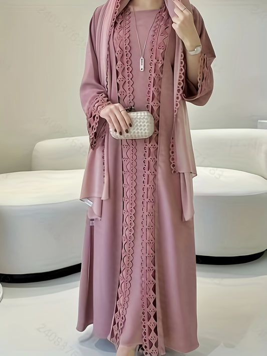 Middle Eastern Muslim Fashion Long Sleeve Embroidered Contrast Lace Patchwork Abaya Dress and Hijab Three-Piece Set