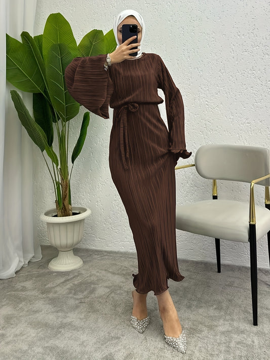 Solid Textured Belted Modest Dress, Elegant Flare Sleeve Simple Maxi Dress For Spring & Fall, Women's Clothing
