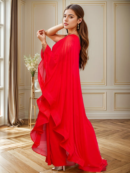PORRCEY Sexy Single Shoulder Ruffled Sleeveless Solid Color Patchwork Elastic Jumpsuit