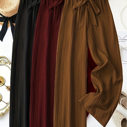 3pcs Women'S Elegant Solid Color Striped Long Pants with Bow Detail - Comfortable Loose Fit, Elastic Waistband, Perfect for Spring & Summer Casual Wear