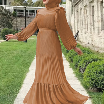 Women's Middle Eastern Muslim Abaya Kaftan Dress - Modest Long Sleeve Ruffled Hem Solid Color Traditional Dress with Belt, Machine Washable All-Season Casual Wear, Modest Apparel | Soft Texture
