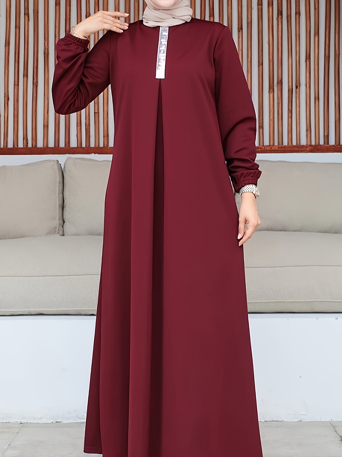 [Elegant Sequin Abaya Dress] Polyester Elegant Sequin Decorative Ladies Abaya Kaldan Dress - Humble Long Sleeves, Round Neck, Perfect For Spring/summer/fall