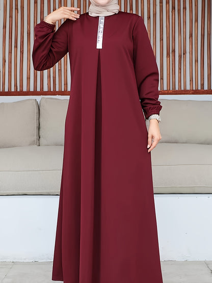 [Elegant Sequin Abaya Dress] Polyester Elegant Sequin Decorative Ladies Abaya Kaldan Dress - Humble Long Sleeves, Round Neck, Perfect For Spring/summer/fall