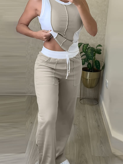 Casual Color Block Pantsuit – Drawstring Waist Set