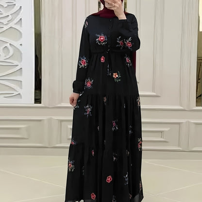 Ramadan Floral Pattern Abaya Dress, Elegant Button Front Long Sleeve Maxi Dress, Women's Clothing