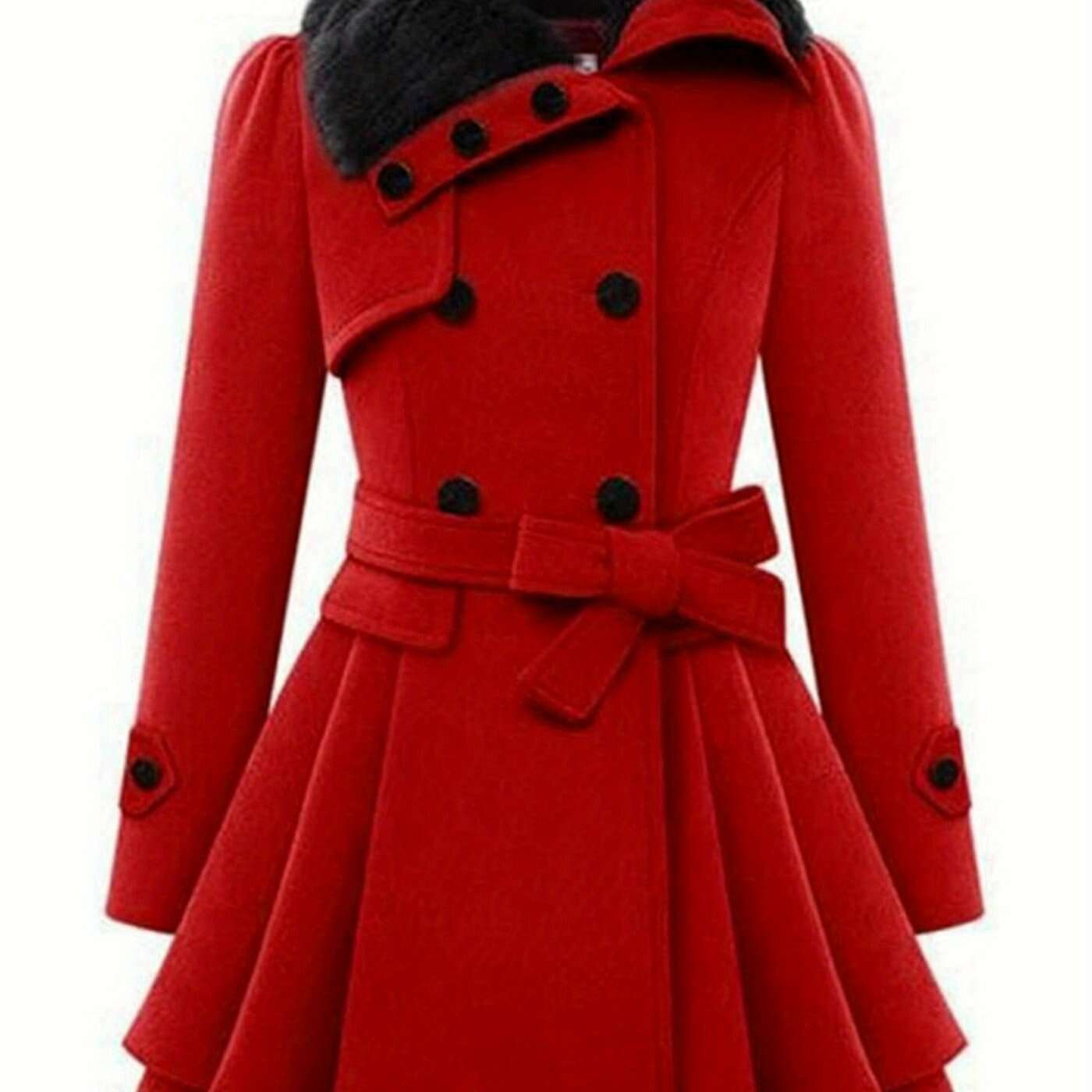 Women's Winter Double-Breasted Pea Coat with Faux Fur