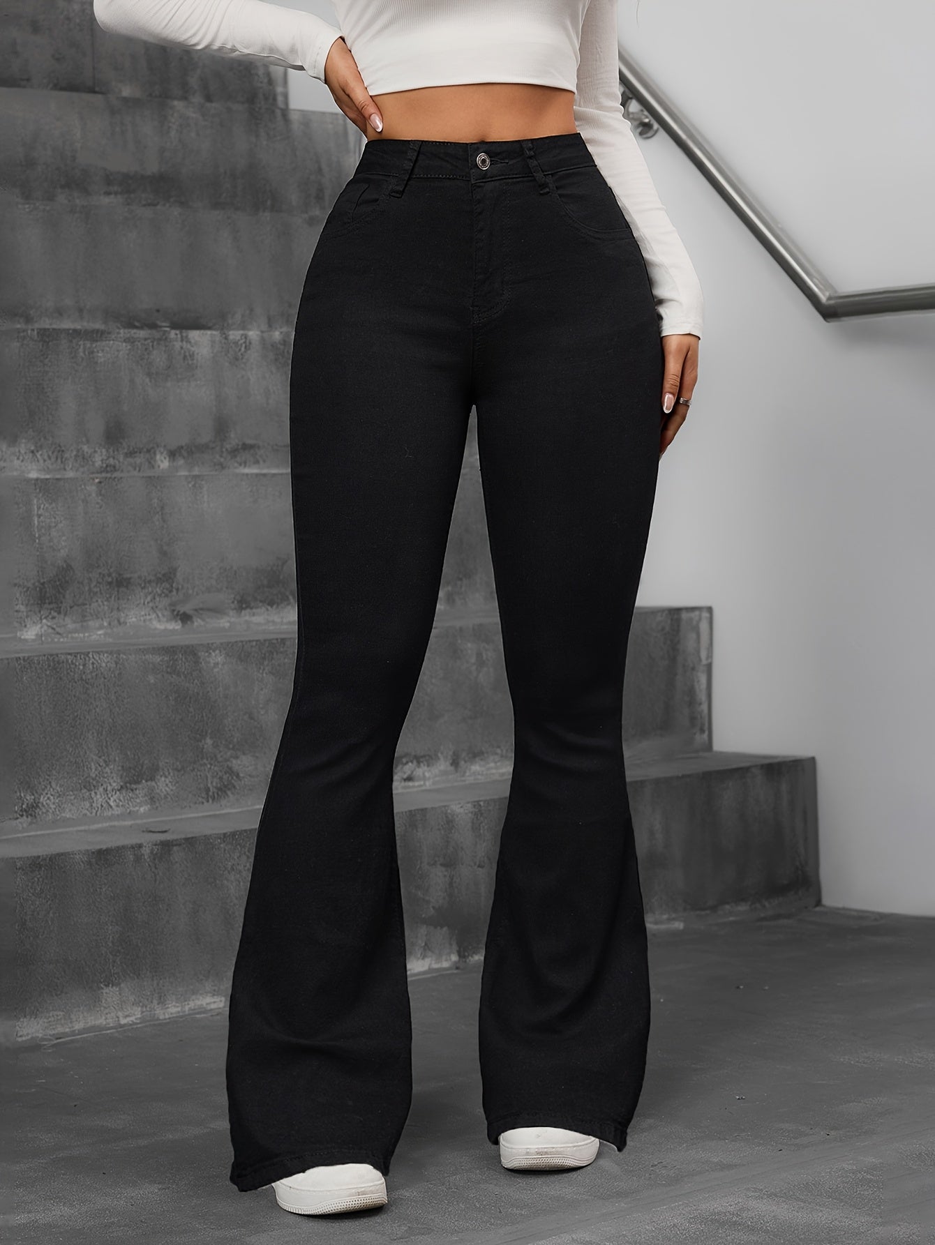 [High-Waist Stretch Denim Jeans] 1pc Women's High-Waist Stretch Denim Skinny Fit Flare Jeans - Preppy Style with Button Fly Closure, Washed Detail & Solid Color, All-Season Machine Washable Pants for Mature Occasions, Versati