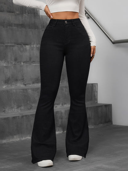 [High-Waist Stretch Denim Jeans] 1pc Women's High-Waist Stretch Denim Skinny Fit Flare Jeans - Preppy Style with Button Fly Closure, Washed Detail & Solid Color, All-Season Machine Washable Pants for Mature Occasions, Versati