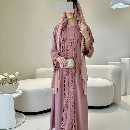 Middle Eastern Muslim Fashion Long Sleeve Embroidered Contrast Lace Patchwork Abaya Dress and Hijab Three-Piece Set