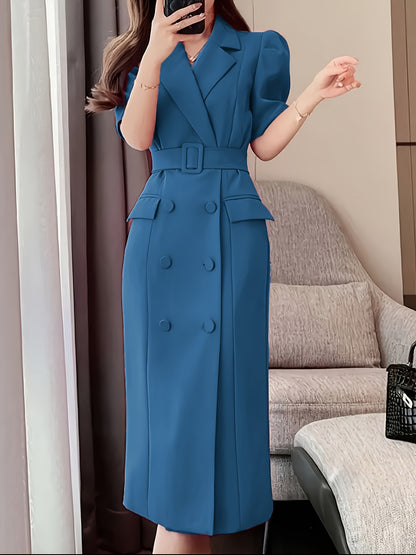 Elegant French-Inspired Magenta Pink Pencil Dress - Chic Notched Collar, Button Detail, Polyester Blend for Women, Perfect for Spring & Fall