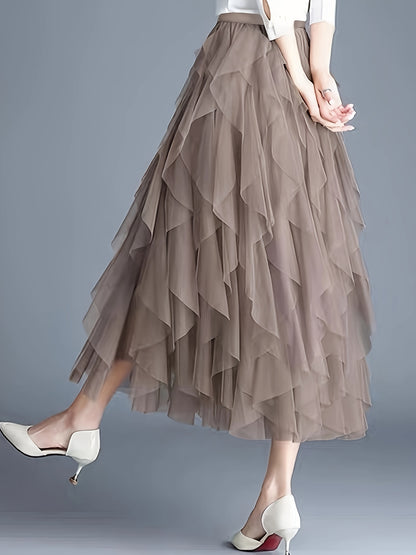 Chic Elegance, Elegant High-Waist A-Line Tulle Skirt for Women - Chic Korean-Style Spring Collection, Sheer Brown Polyester with Delicate Mesh Layers, Perfect for Summer Skirt