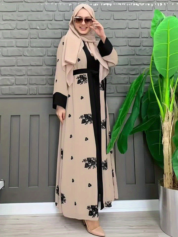 Ramadan Floral Charm - Crew Neck Long Sleeve Kaftan Abaya Dress with Belted Waist - A Stylish Casual Choice for Women, Hijab-Free