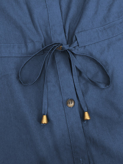 [Stylish Dress] Stylish Blue Women's Button-Up Dress | Long Sleeve, Ruffle Detail, Front Pocket, Drawstring Waist, Casual, All-Season - (Headscarf Not Included)