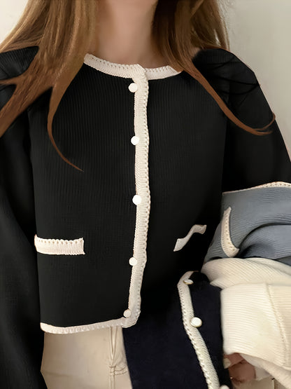 Women'S Elegant Cardigan - Black & Beige Two-Tone Sweater, Long Sleeve Open Front Button Closure, Fall/Winter Layering Piece for Casual Formal Outfits - Women'S Chic Sweater, Cardigan Sweater, Winter Fashion, Stylish Knitwear