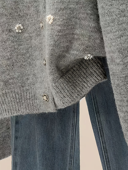 Women's 2025 New Beaded Cardigan Sweater - Soft Round Neck Long Sleeve Button Front Closure with Beaded Collar & Sleeve Trim, Machine Washable Winter Sweater for Fall and Winter, Casual to Semi-Formal Outfits