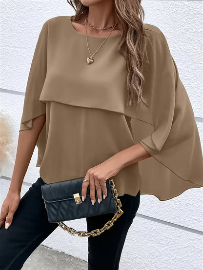Solid Color Layered Cape Sleeve Shirt, Versatile Round Neck Shirt For Spring And Autumn, Women'S Clothing