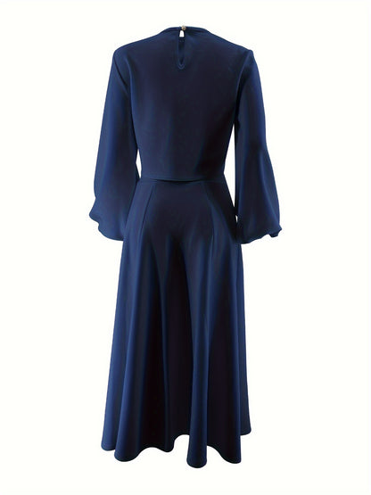 Chic Solid Color Skirt Set - Elegant Crew Neck Lantern Sleeve Top, Flowy Pleated Draped Midi Skirt, Comfortable Women's Clothing for Everyday Wear
