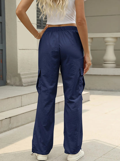 Women's Casual Cargo Pants with Adjustable Waist & Multi-Pocket Design - Low-Transparency Non-Stretch Heavyweight Fabric, All-Season Solid Color Work Pants for Outdoor, Travel, Casual Attire - Belt Loops & Button Closure (No
